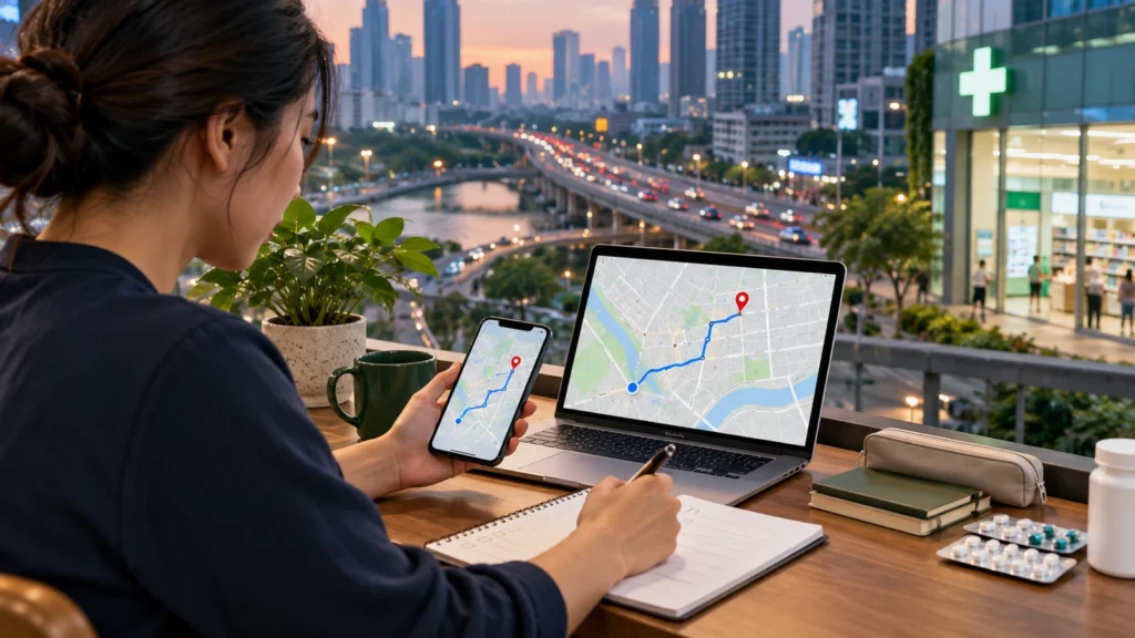 Ilustrasi memeriksa daftar apotek online dan lokasi di Jakarta Barat